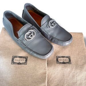 Gucci Grey Leather Interlocking G Drivers Loafers Men’s Size 6.5 / Women’s 8-8.5